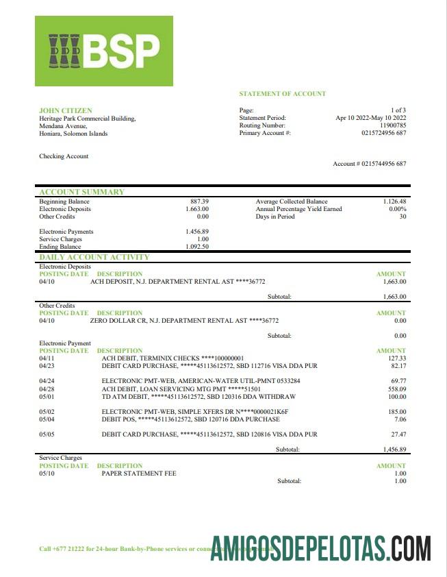 Modelo de extrato bancário BSP das Ilhas Salomão